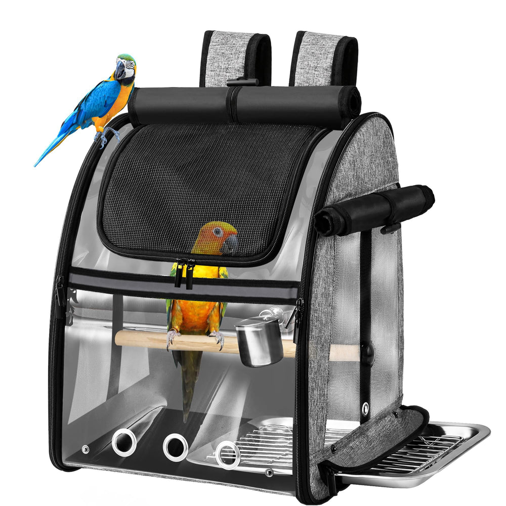 Suertree bird carrier close-up shows indestructible stainless steel mesh and clear airflow view.