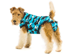 Suitical Recovery Suit, back view, blue camouflage design for outings