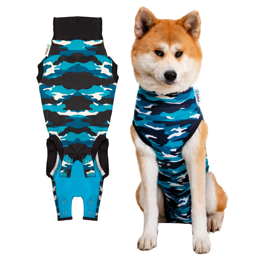 Suitical Recovery Suit for dogs in blue camouflage, front view showing full coverage