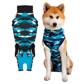 Suitical Recovery Suit for dogs in blue camouflage, front view showing full coverage