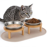 Summark elevated cat bowls with food mat setup promote comfortable, spill-free dining.