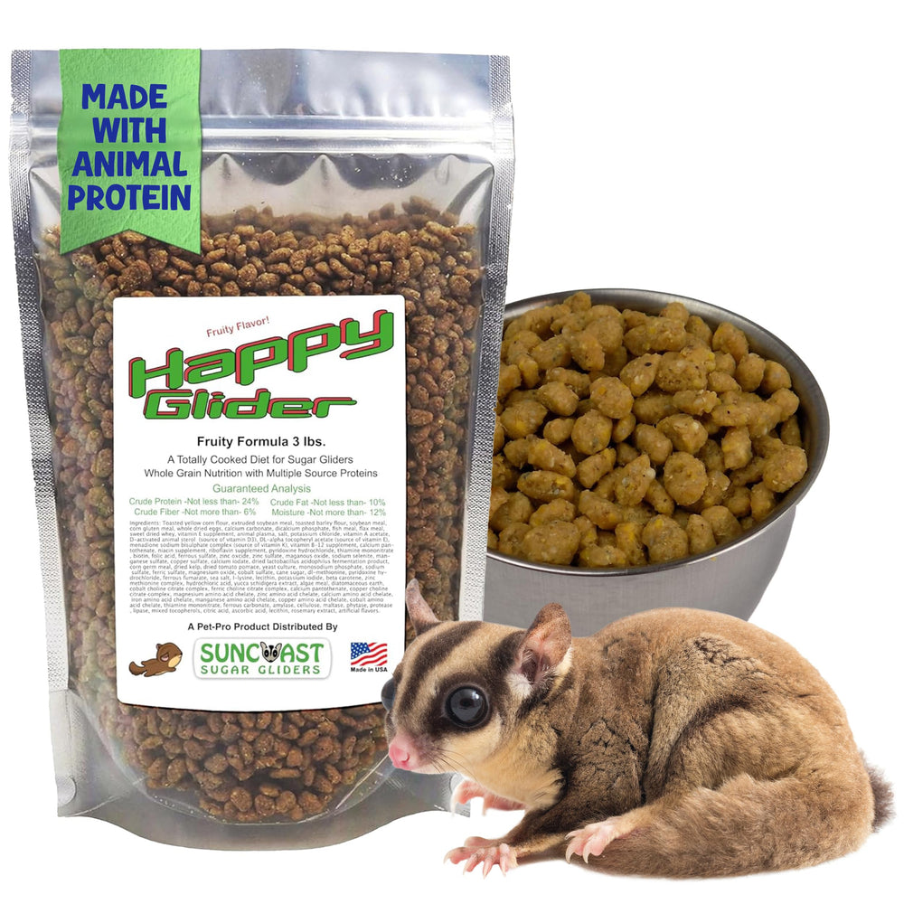 Suncoast Sugar Gliders Happy Glider food bag close-up shows premium pellets for balanced nutrition