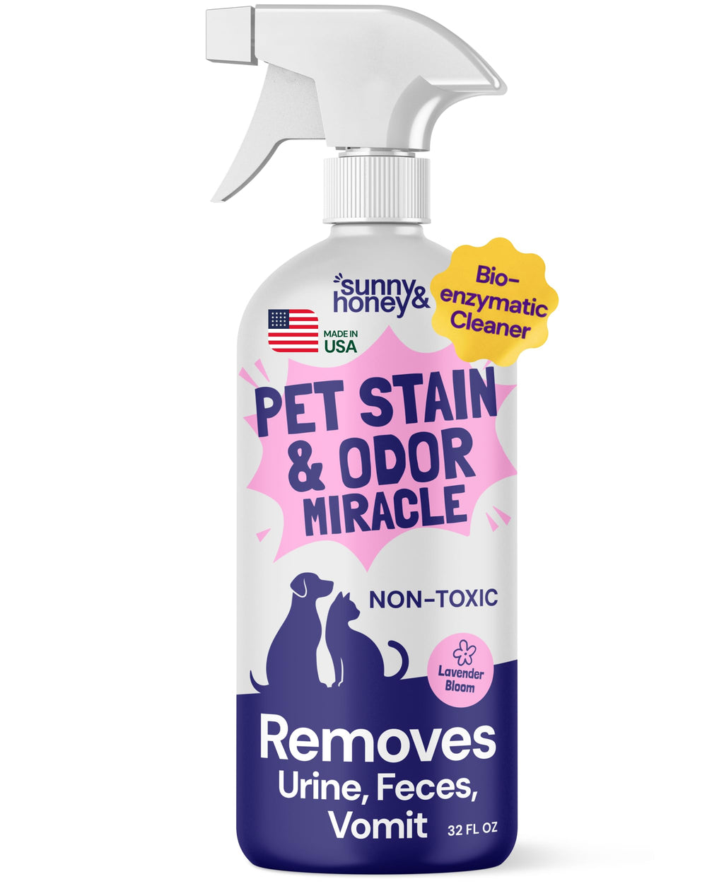 Sunny & Honey bottle-front Lavender shows enzyme action for pet mess removal.