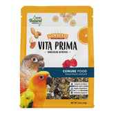 Sunseed Vita Prima Conure Food bag open showing balanced nutrition for healthy plumage.