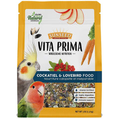 Sunseed Vita Prima bag front view promotes balanced daily nutrition for cockatiels and lovebirds.
