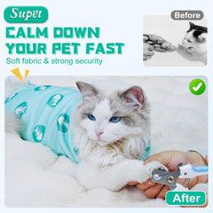 Close-fit Supet Cat Wrap prevents escapes during grooming tasks.