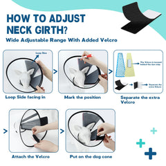 Supet dog cone collar with hook-and-loop closure for easy wearing and removal.
