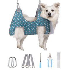 Supet dog grooming hammock coral blue enables easy at-home nail trimming.