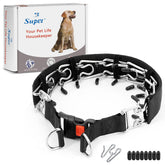 Supet dog prong collar with quick-release buckle supports training sessions.