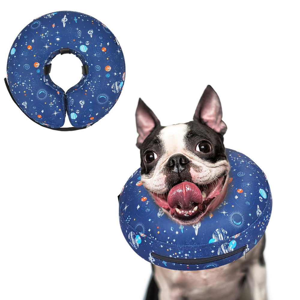 Supet inflatable dog cone collar donut in use providing neck protection and comfort.