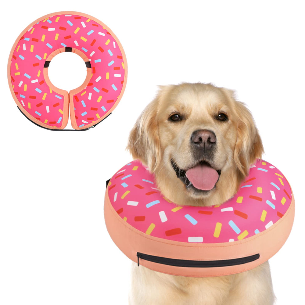 Supet inflatable donut collar on a dog's neck provides gentle recovery protection.