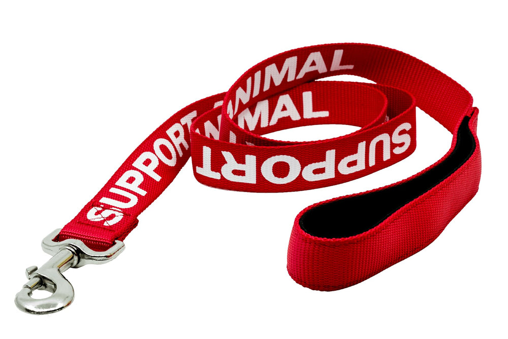 Support Pets ESA dog leash 6 ft in red nylon with instant ESA recognition for public outings.
