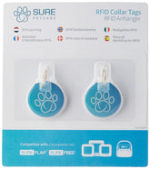 SureFlap SureFeed two-collar-tags closeup, lightweight access control for non-microchipped pets.