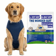 Surgi~Snuggly dog surgery recovery suit showing spine coverage for post-surgery protection.