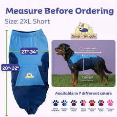 Surgi~Snuggly dog surgery suit back view showing secure fit during healing
