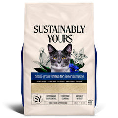 Sustainably Yours natural cat litter bag shows small-grain formula for fast clumping.