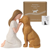 SUTIMAS pet memorial figurine: hand-painted brown dog with girl on display.
