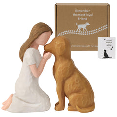 SUTIMAS pet memorial figurine: hand-painted brown dog with girl on display.
