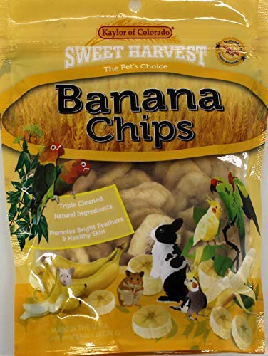 Sweet Harvest Banana Chips bag showing natural snack for birds and small pets
