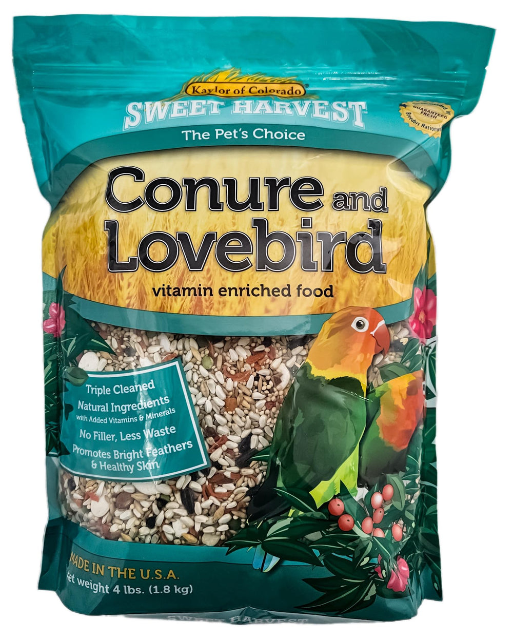 Sweet Harvest conure and lovebird seed mix bag highlighting premium blend for small parrots