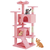 Sweetcrispy 54-inch cat tree front view with pink plush play space for indoor cats.