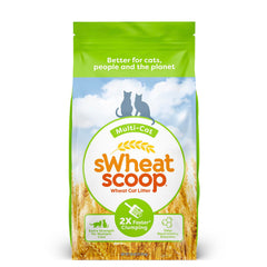 sWheat Scoop natural wheat multi-cat litter in 25lb bag demonstrates strong clumps and odor neutralization.