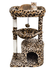 SYANDLVY Leopard-print cat tree perch enhances vertical space for indoor cats.
