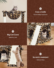 SYANDLVY Leopard Print Cat Tree hanging ball provides interactive play for cats.