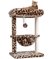 SYANDLVY small cat tree perch in cheetah print offers a cozy indoor resting spot.