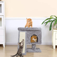 SYANDLVY light-grey cat tree scratching board prompts stretches and keeps paws active.