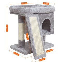 SYANDLVY light grey cat tree scratching post protects furniture while satisfying claws.