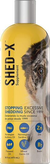 SynergyLabs Shed-X bottle helps support a healthy coat with Omega 3 and 6