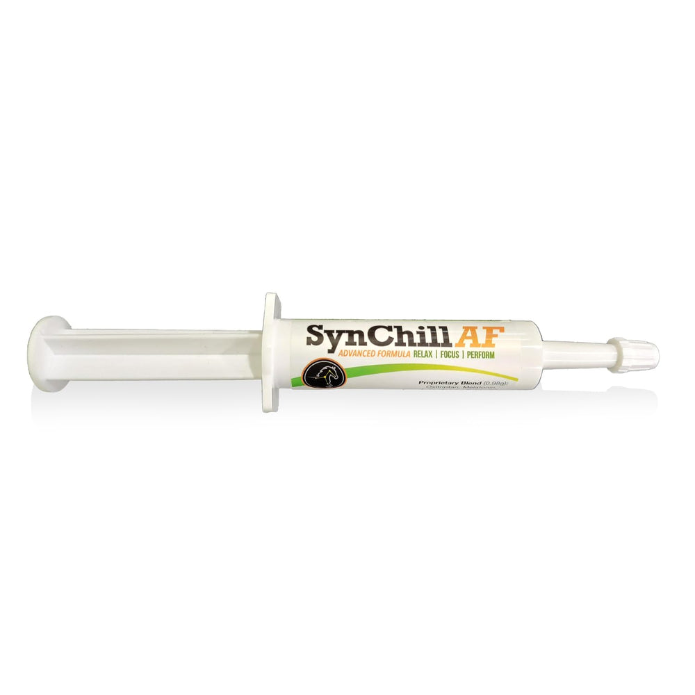 SynNutra Equine SynChill AF bottle promoting confident composure during rides
