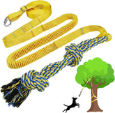 SYOOY dog tug toy hanging from a tree enables interactive outdoor play.
