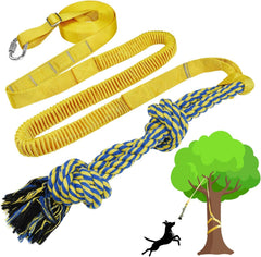 SYOOY dog tug toy hanging from a tree enables interactive outdoor play.
