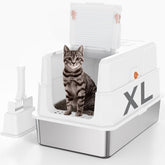 SZEE stainless steel cat litter box with 180-degree flip-top lid for easy cleaning.