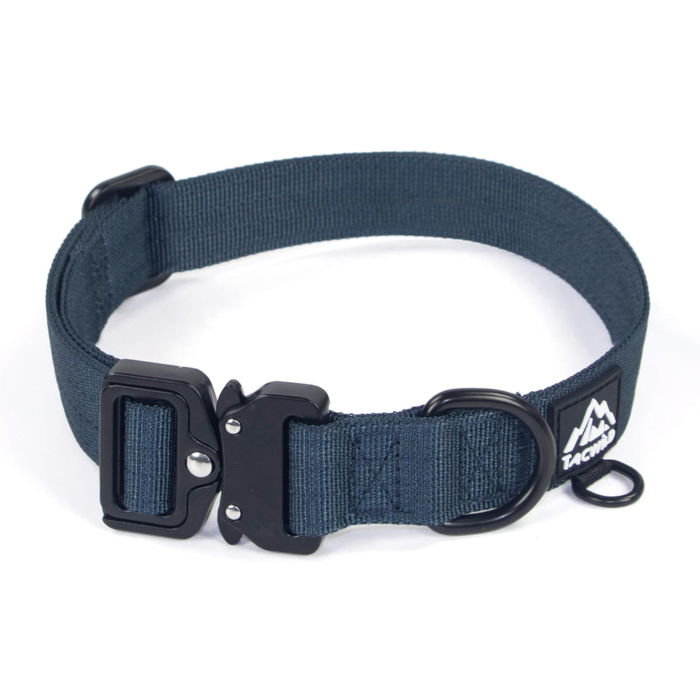 Tacwild heavy-duty dog collar with navy blue finish and quick-release buckle for easy on/off.