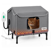 TailTastic heated outdoor cat house with elevated stand keeps cats off damp ground.