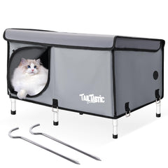 TailTastic elevated-grey-large outdoor cat house provides weatherproof shelter for two to three cats.