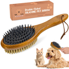 TAKAVU short hair deshedding brush with wood handle front view for ergonomic grooming