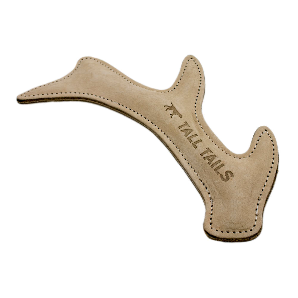Tall Tails leather antler fetch toy, front view, ideal for outdoor fetch.