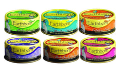 Talmo Earthborn grain-free 5.5oz canned cat food, six-flavor mix, ideal for picky cats.