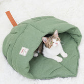 TANGN cat sleeping bag bed green closeup shows soft linen fabric for cozy naps