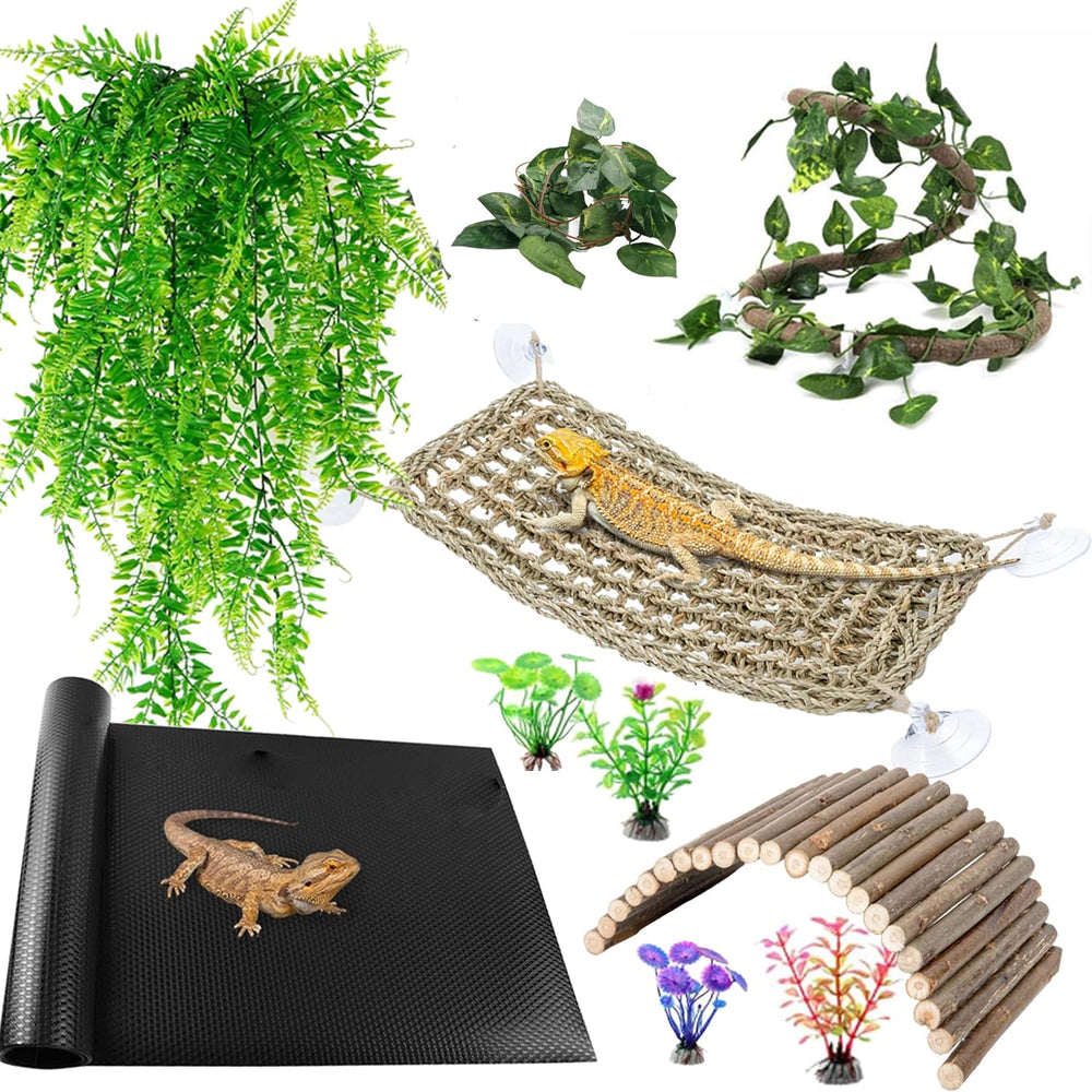 TankMatDecor bearded dragon hammock provides a cozy resting spot and habitat enrichment.