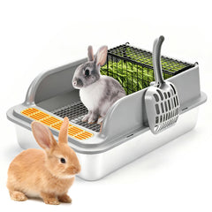 TAOKEKE stainless steel rabbit litter box with hay feeder; promotes tidy feeding areas.