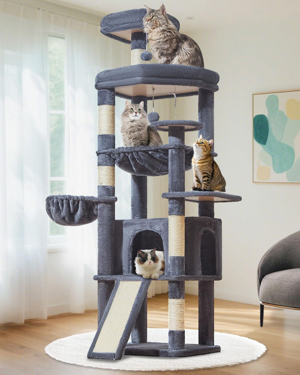 Taoqimiao 72-inch cat tree top platform provides a high lookout for curious cats.