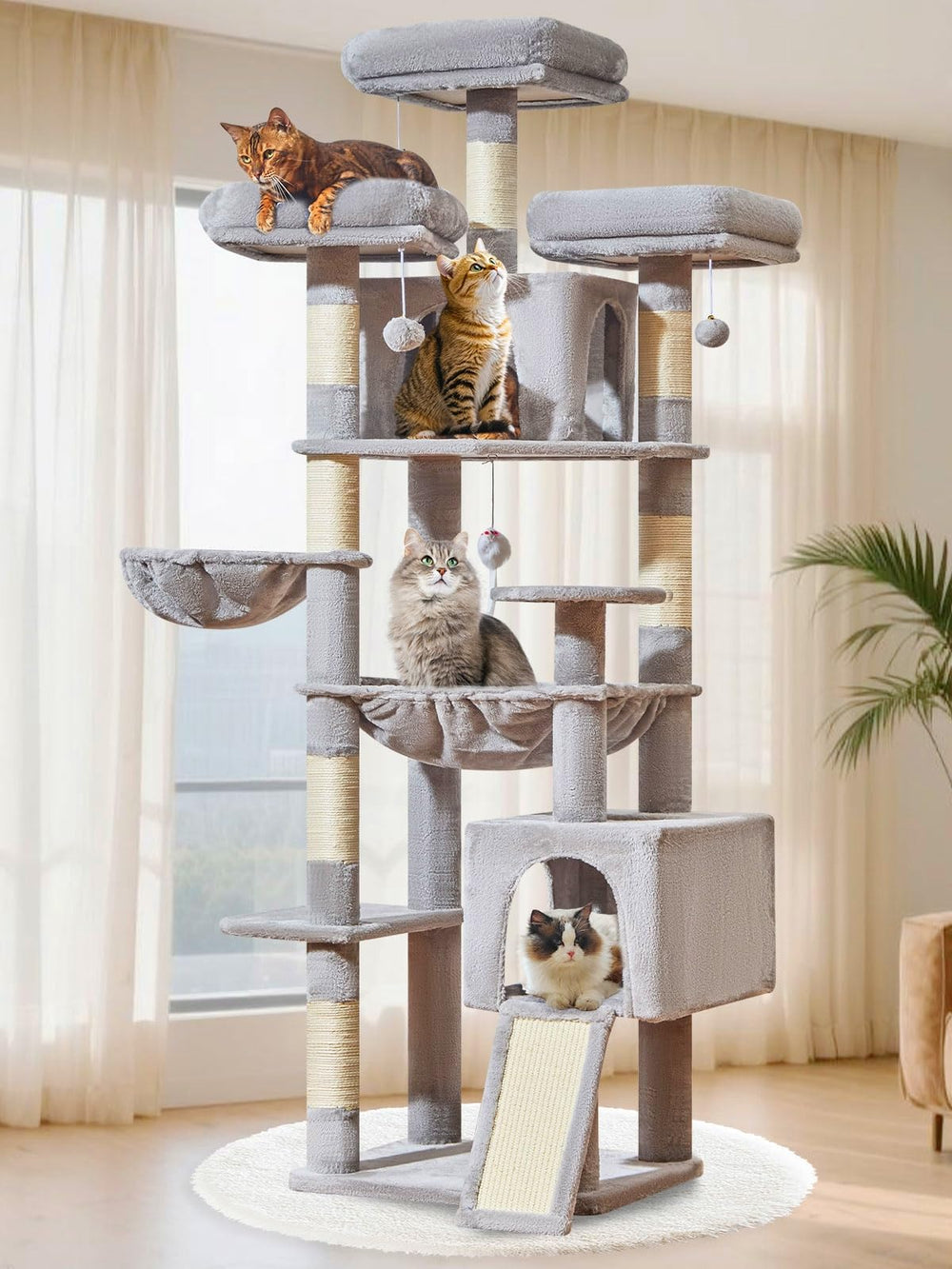 Taoqimiao 76 inch cat tree top perch anti slip fabric for safe lounging