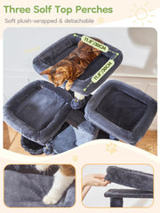 Adjustable metal hanging basket on Taoqimiao cat tree offers perched lounging.