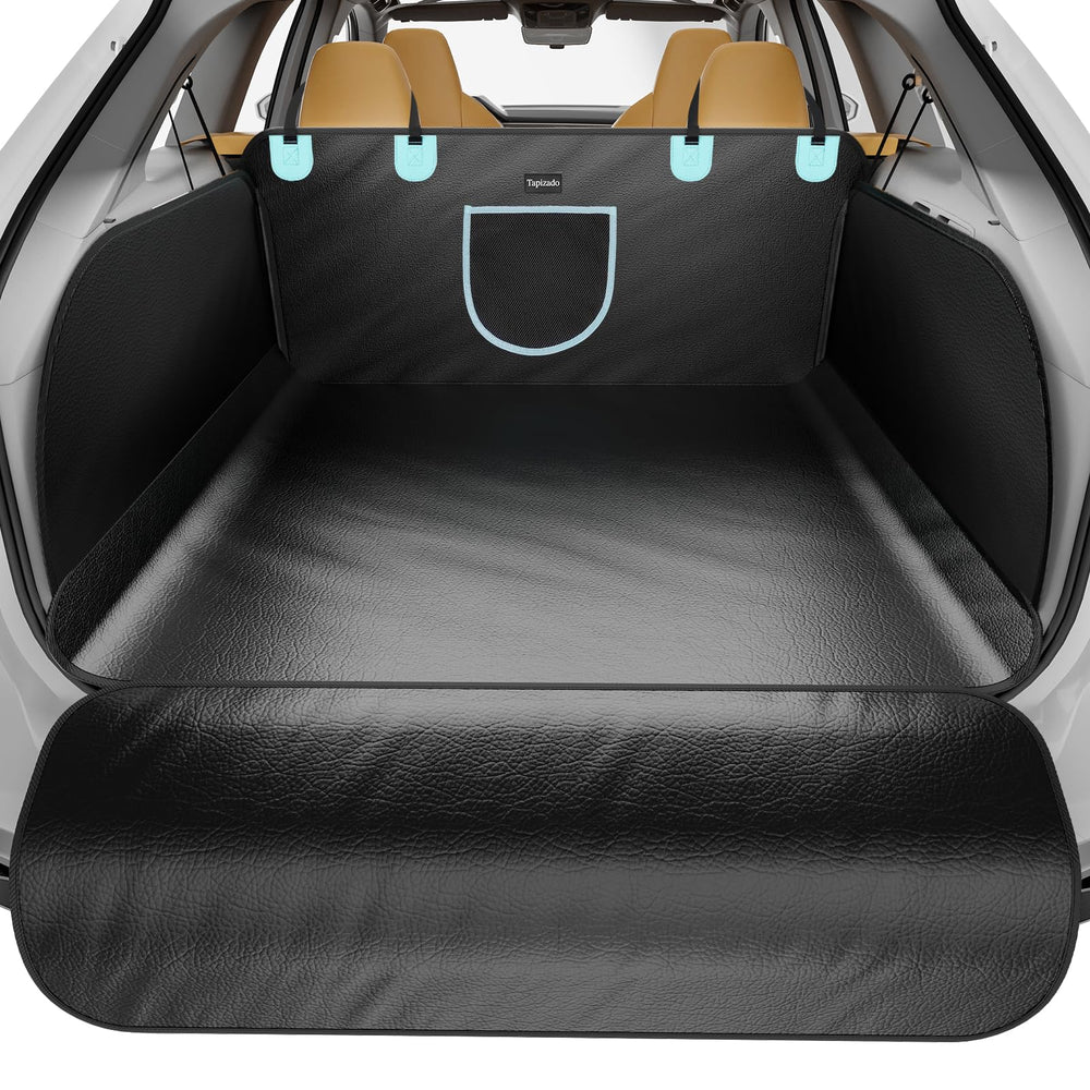 Tapizado PU leather dog cargo liner provides waterproof protection for travel.
