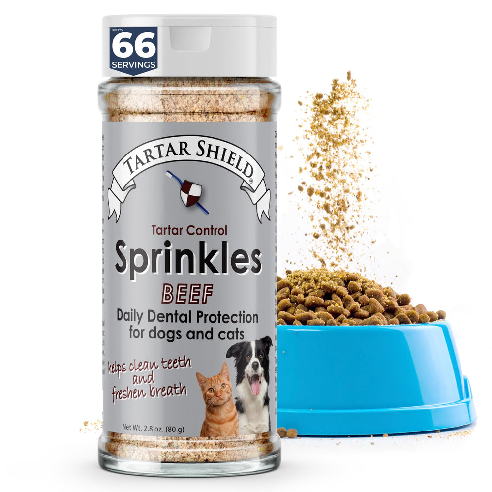 Tartar Shield Dental Sprinkles feature beef-flavored topping for easier feeding and palatable use.